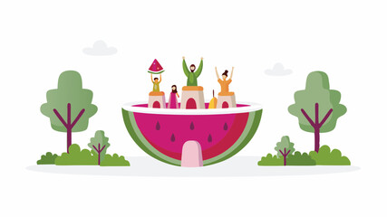 Fototapeta premium People celebrating on watermelon structure with trees and clouds in the background illustration art