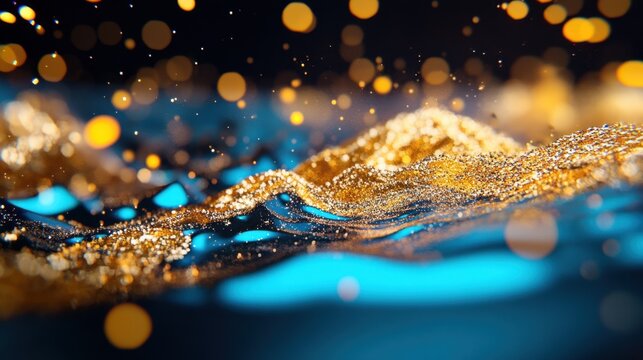 Fantasy landscape of abstract glittering particles, gold and blue foil with 3D depth