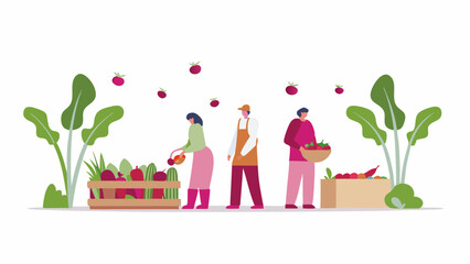 Three farmers harvesting crops and watering plants in a garden with vegetables and fruits displayed