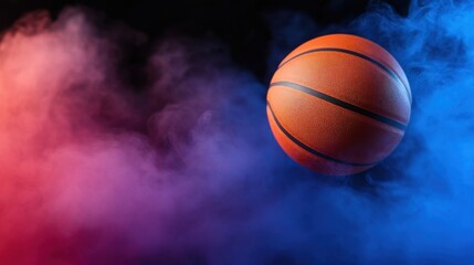 Fototapeta premium Floating basketball in colorful smoke, dark grunge aesthetic for sports banners