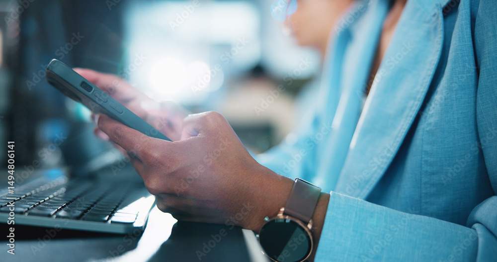 Poster Office, hands and keyboard with smartphone for chat, online conversation and connection for contact. Flare, business person and worker on break with mobile, app and social media for scroll in closeup