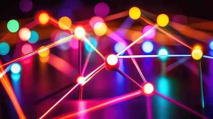 Illuminated network nodes interconnected by vibrant lines against a dark backdrop