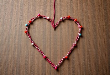 Intricate heart shape formed by pins and string on a textured surface, suggesting connection, symbol, handmade