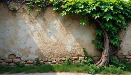 Ancient gnarled vine clinging to weathered stone wall, leaf, ancient