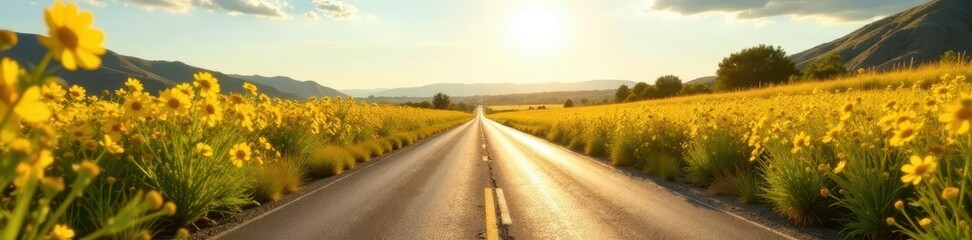 Naklejka premium Sun-drenched road flanked by vibrant yellow wildflowers , bright, yellow flowers