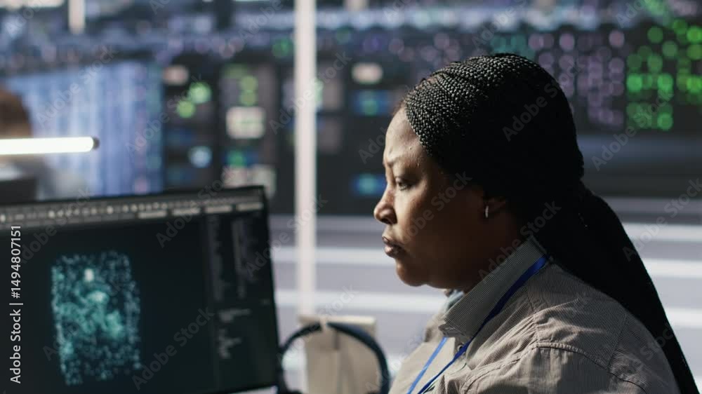 Poster data center system administrator using pc to monitor neural network ai visualization. african americ