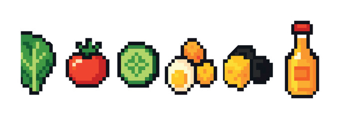 Fototapeta premium Healthy food pixel art icons set – fresh, outline, fruits and vegetables graphics