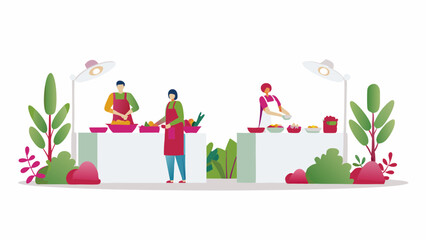 People preparing food at outdoor cooking stations with plants and lights in a bright setting scene