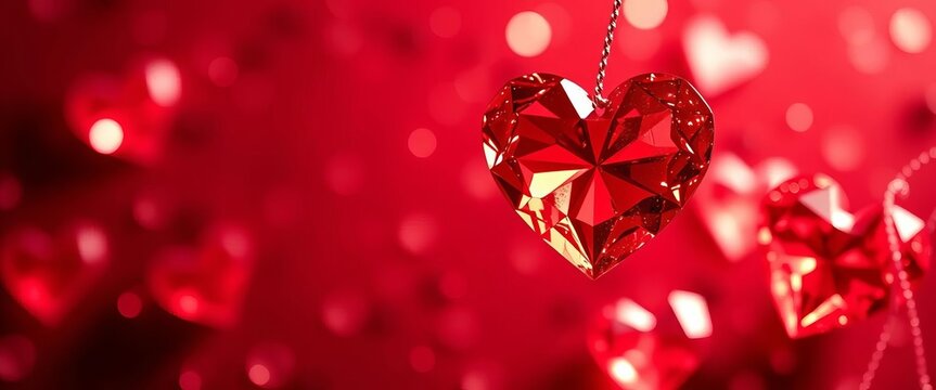 Intricate red crystalline hearts sparkle on a rich red backdrop, abstract, shine