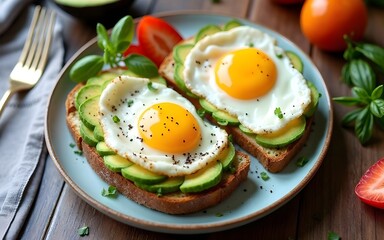 Top view healthy avocado toasts fried egg cheerful faces Healthy breakfast table. High quality