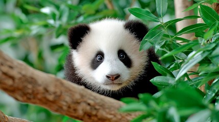 Fototapeta premium A cute panda sits on a branch surrounded by colorful green leaves. Its innocent eyes and playful demeanor capture the essence of wildlife. Perfect for nature lovers and animal enthusiasts. AI
