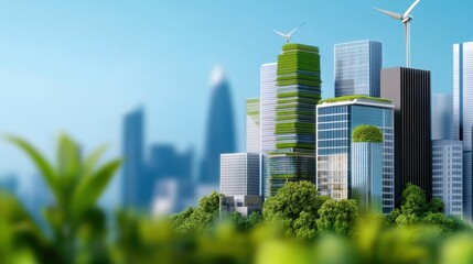 Green cityscape illustration with energy-efficient buildings and public green spaces