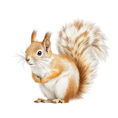 Obraz premium Detailed illustration of a red squirrel with fluffy tail on white background.