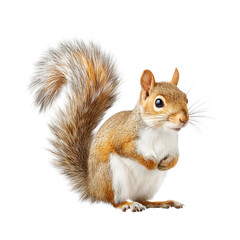 Obraz premium A curious squirrel with a fluffy tail poses against a plain white background.