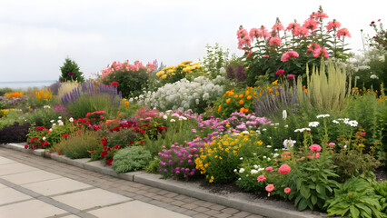 Footpath along a mixed border of flowers at Waterperry Gardens in Oxfordshire