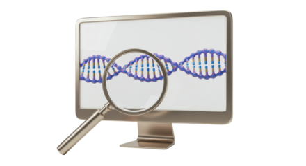 Isolated Genetic Research Concept DNA Helix On Computer Monitor With Magnifying Glass