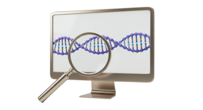 Isolated Genetic Research Concept DNA Helix On Computer Monitor With Magnifying Glass