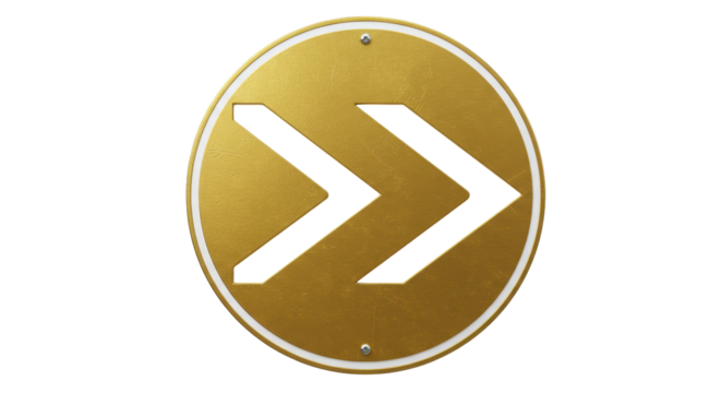 Isolated Golden Circular Button With Double Right Arrow For Next Or Forward