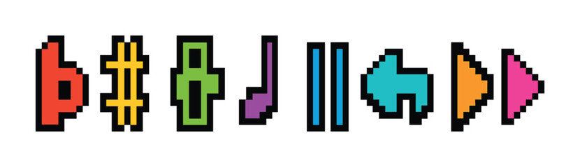 Fototapeta premium Music and audio pixel art icons set – retro, colorful, sound symbols