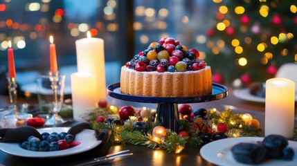 Holiday dessert table with fruitcake centerpiece, candles and colorful cityscape behind