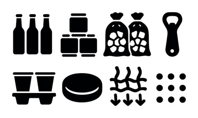 Beverage and snack solid icons set – silhouette, filled, food and drink symbols