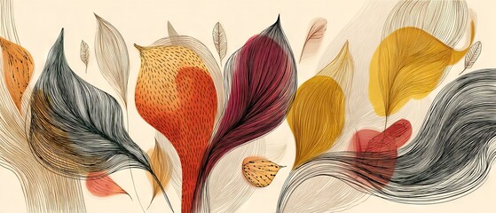 Fototapeta premium Autumn abstract floral wallpaper illustration with organic textured lines, botanical details and subtle textures on a white background