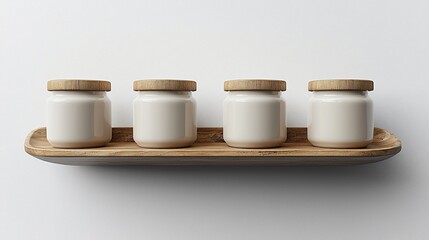 Four empty jars on a wooden tray