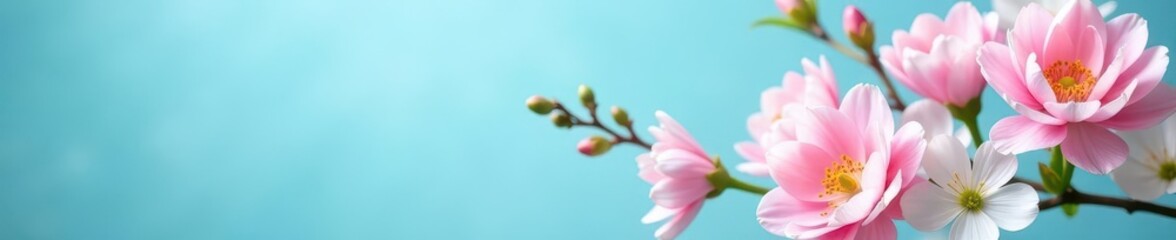 Fototapeta premium Delicate pink & white blooms, vibrant blue backdrop Springtime floral arrangement , stock, closeup