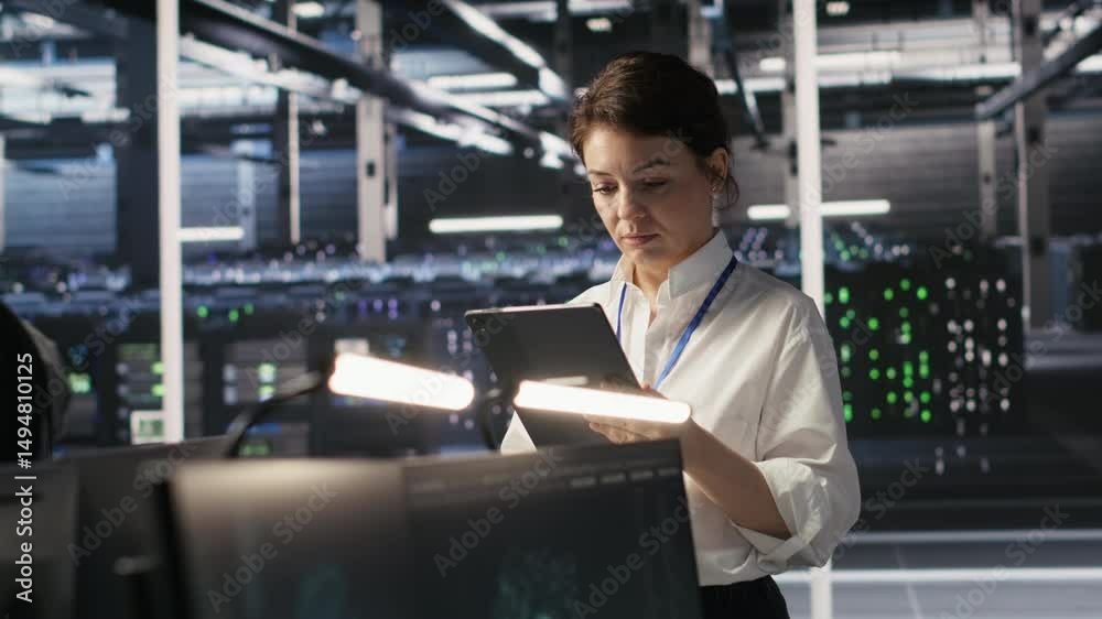 Poster data center team of technicians working on neural network software development. server hub colleague