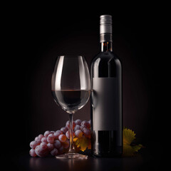 Fototapeta premium Elegant Wine Presentation Featuring Bottle, Grape Cluster, and Glassware on Dark Surface