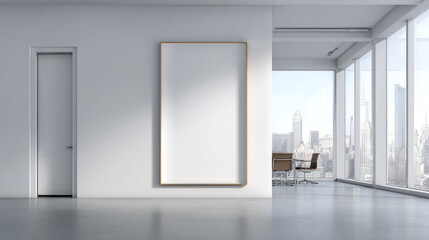 A large white framed picture hangs on a wall in a large open room