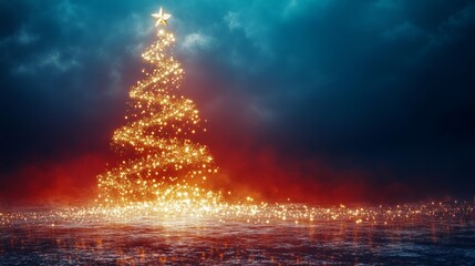 Obraz premium Sparkling Gold Christmas Tree on Abstract Foggy Red and Teal Background, Festive Holiday Concept