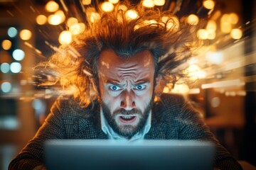 Diagram are projected onto his face. Tech geek enjoying coding. White man using ai chatbot. A very irritated caucasian midlife man with multi-color hair, , staring at the display of a ultrabook.