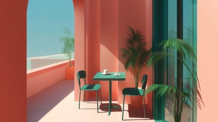 Obraz premium Tropical Terrace Cafe Scene with Palm Trees and Modern Design