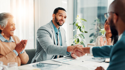 Shaking hands, applause and business people in office with discussion for deal, agreement or...