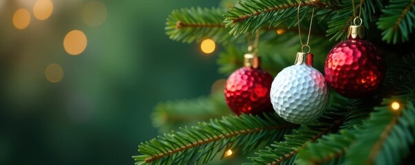 Golf ball ornaments nestled in a fir tree branches , sphere, golfing