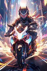 A futuristic racer speeding through glowing neon tunnels on a hoverboard