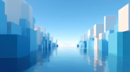 Fototapeta premium Abstract Cityscape Water Reflection. Modern Architecture 3D Rendering Background. Minimalist Urban Landscape