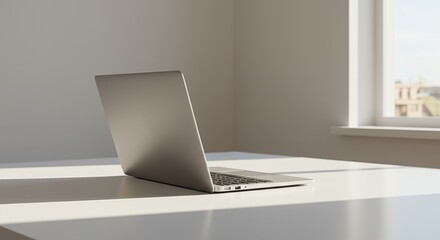 Fototapeta premium Minimalist Office 3D Render Featuring a Sleek Laptop on a White Desk by the Window. Generative AI.