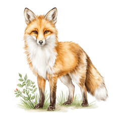 Obraz premium Detailed watercolor painting of a red fox standing alert in a white setting