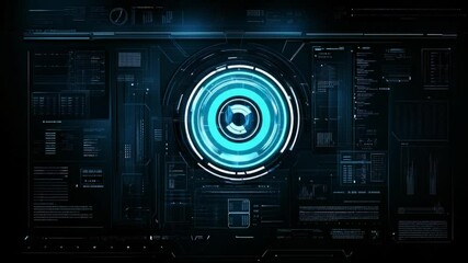 Futuristic digital interface with glowing circular element  Complex data displays and technical information overlay - Powered by Adobe