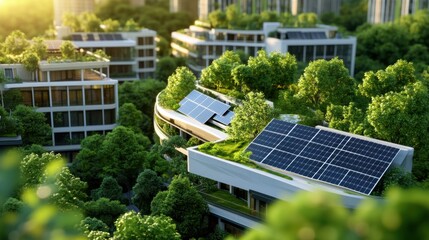 Fototapeta premium Lush urban area with sustainable architecture, solar panels, and green pathways