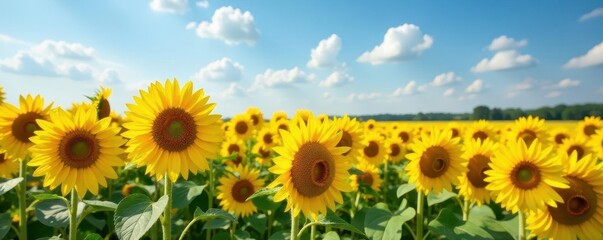 Obraz premium Vast field of vibrant yellow sunflowers in full bloom, sky, harvest