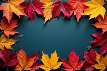 Fototapeta premium Vibrant autumn leaves arranged as a border, showcasing rich colors and textures , seasonal, oak