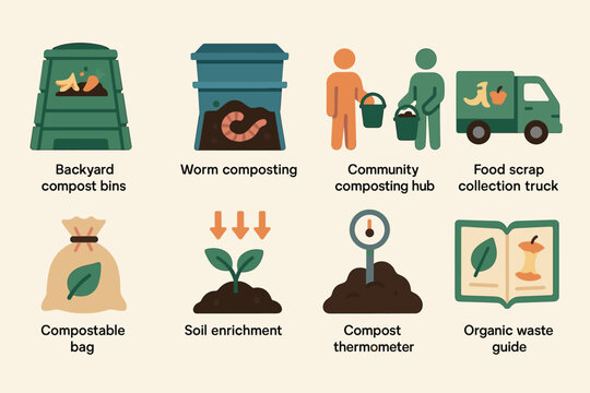 Backyard composting icons set &ndash; flat, filled, eco-friendly waste management symbols