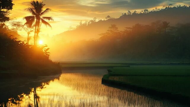 Golden sunrise over a tranquil rice paddy landscape reflected in a calm river Lush vegetation and misty hills form a se