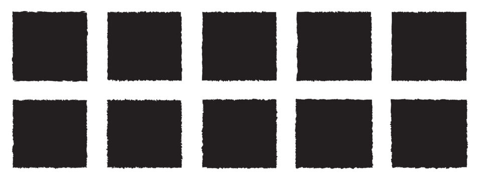 Grunge square template backgrounds. Vector black painted squares or rectangular shapes. Grunge textures, rectangle frame. Textured grunge element bundle for collage, text box, banner, sticker. Vector