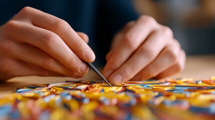 Obraz premium Hands Creating Intricate Paper Quilling Art Using Colorful Strips on a Wooden Table