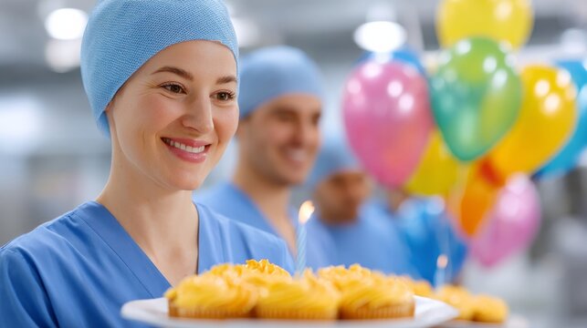 Healthcare Workers Celebrating Birthday with Cupcakes and Balloons in Hospital Setting - Powered by Adobe