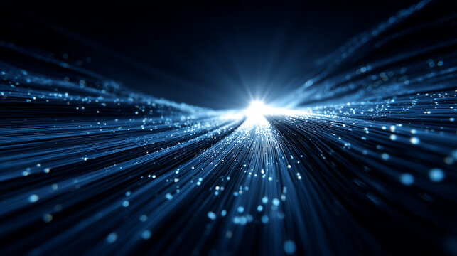 Blue digital light rays with glowing particles, futuristic tech background. Ideal for AI presentations, future economy infographics, tech innovation ads, data visualization, digital transformation con